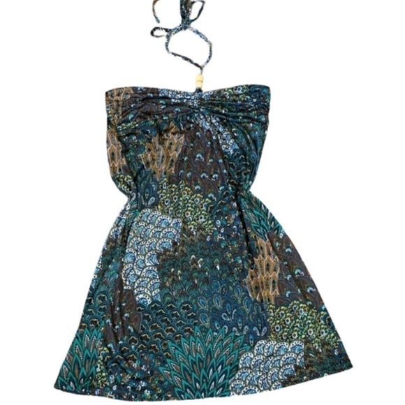 Hypnotik Halter Dress Beaded Strap Sz L Exotic Peacock Floral Print #252G - Picture 5 of 7